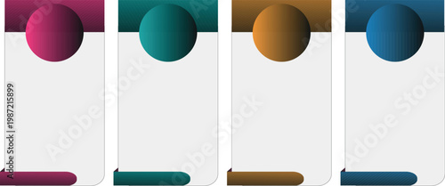 A collection of four vertical infographic frames featuring gradient circular top elements and spacious white areas for text or data presentation