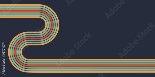Rainbow line path background. Retro 70s curved graphic for poster and wallpaper. Dynamic geometric striped design. Vector vintage striped minimal shape.