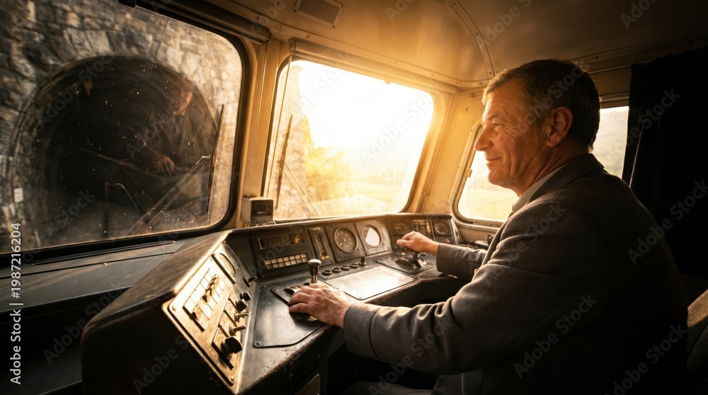 Fototapeta premium Train driver operating controls in the cabin during a journey at sunset.