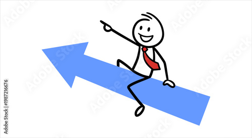 Stick Figure Businessman Riding Blue Arrow Upward Towards Success