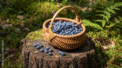 Blueberry basket on tree stump in natural garden with fresh ripe berries