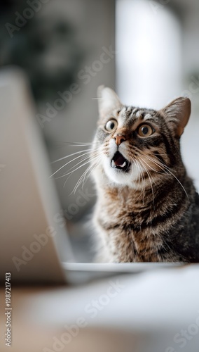 A cute ginger cat sits at a desk in a home office, looking shocked at a laptop screen
