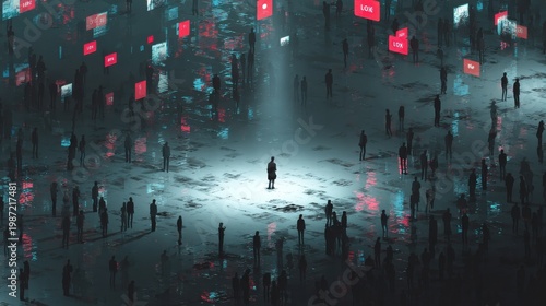 Dark dystopian digital artwork of a lonely human figure trapped inside a massive social media void. 