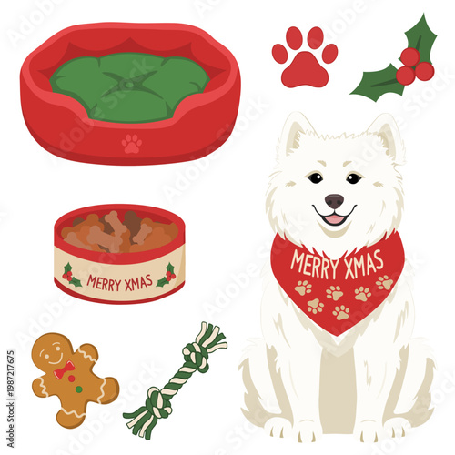 Christmas dog clip art set with white samoyed puppy in red bandana dog bed and treats on a transparent background