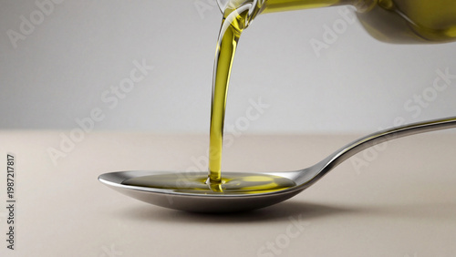 Pouring olive oil onto spoon with smooth golden stream in kitchen light
