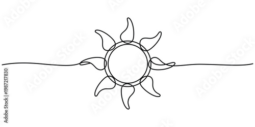 Minimalist single line art illustration of a sun with wavy rays and a central circle