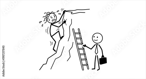 Illustration of a person struggling to climb a cliff with a ladder offered by another person