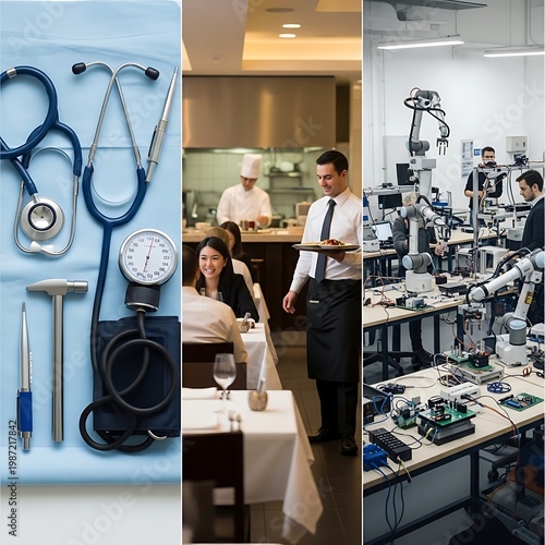 A medical setup, restaurant scene, and robotic factory form a vertical triptych showcasing diverse industries