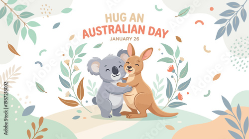 Hug an Australian Day greeting card with cute koala and kangaroo