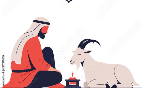 Arab Man in Traditional Clothing Sitting with a Goat - Flat Vector Illustration of Middle Eastern Shepherd Culture