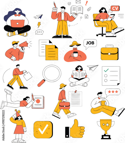Modern Recruitment and Hiring Icons: Workforce Career Growth Illustrations