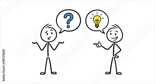 Two stick figures discussing ideas, one confused, the other with a lightbulb idea