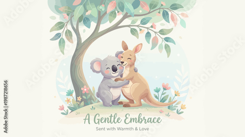 Cute Koala and Kangaroo Hugging Illustration with Sentimental Text