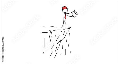Navigating the unknown A stick figure with a compass at a cliff edge, symbolizing strategic direction and risky choices