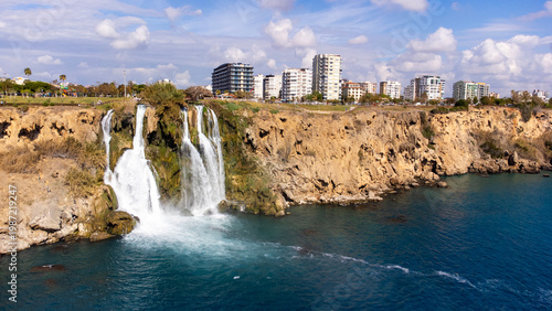 Tableau sur toile Lower Duden Waterfall Cascading into the Mediterranean Sea in Antalya, Turkey