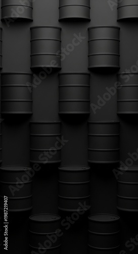 Black Oil Barrels 3D Render Minimalist Pattern on Dark Background for Industrial Energy Concept