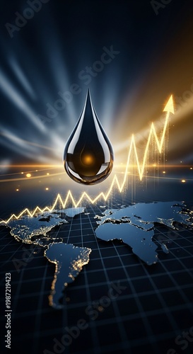 Black Oil Drop 3D Render over World Map and Rising Graph for Global Energy Market News