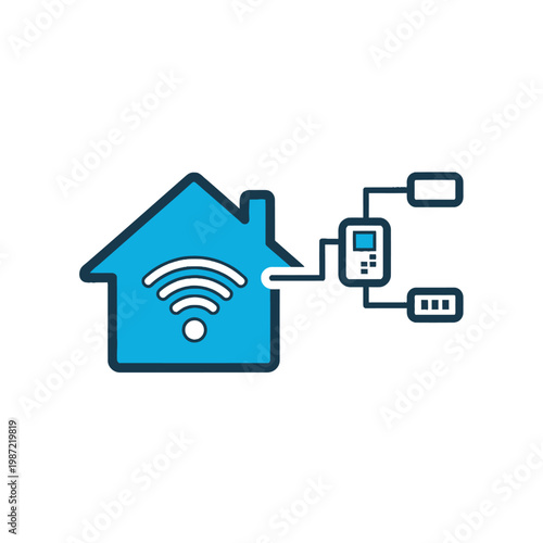 Vector graphic of a blue house with a Wi-Fi symbol connected to various devices via cables on a white background.
