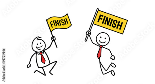 Two stick figures jumping happily with finish line flags held high