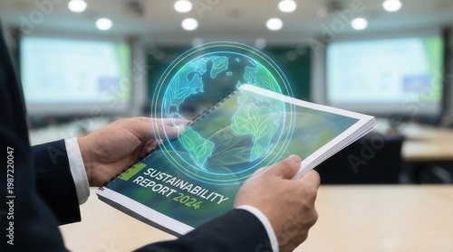 Business person holds a report about sustainability while discussing findings in a modern conference room with technology features