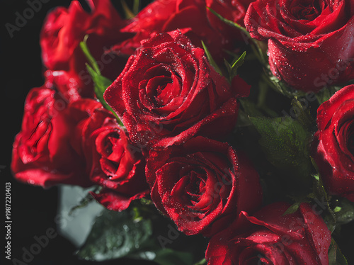 Ramo de rosas rojas frescas con gotas de agua sobre un fondo negro elegante