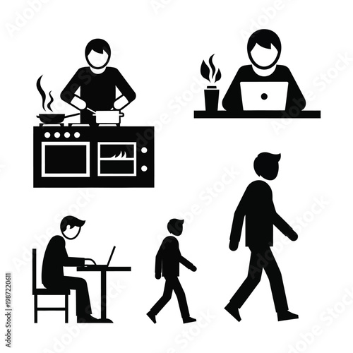 A black and white illustration of various men working and living in a modern lifestyle
