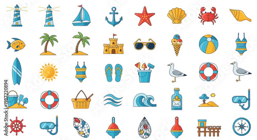Colorful beach icons and symbols.
