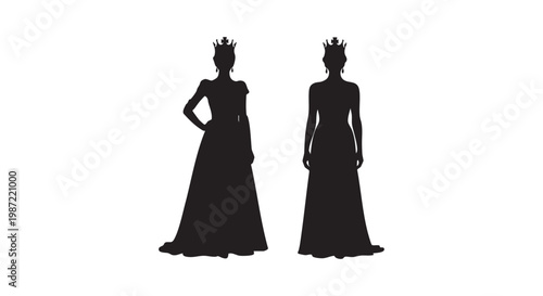 Royal queen silhouette with crown wearing elegant long evening gown dress in classic standing pose for majestic appearance.