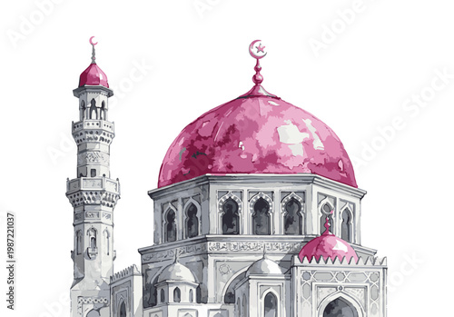 Watercolor Painting of a Beautiful Mosque with Pink Domes.
