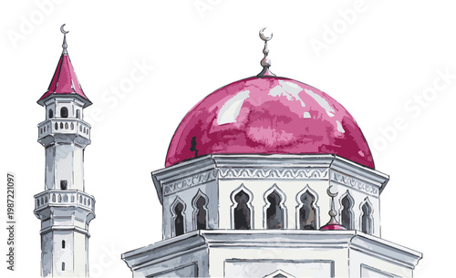 Watercolor Mosque Minaret and Dome Architecture.