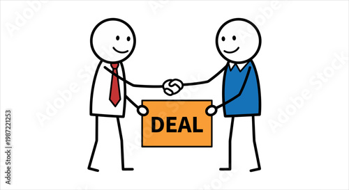 Two stick figures shaking hands over a sign that says DEAL