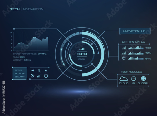 Futuristic HUD interface featuring abstract data visualizations, glowing circular telemetry charts, and system performance analytics in a sleek blue neon aesthetic, perfect for technology, innovation,