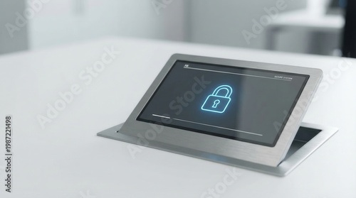 Touchscreen monitor with lock symbol in modern office setting during daytime hours