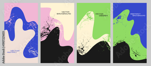 Vector illustration. Hand-drawn doodle shapes with paint splashes. Design elements for a flyer, leaflet, voucher, coupon, or invitation. Trendy abstract colorful background. Liquid curved color blots