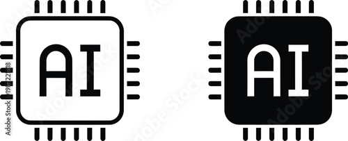 Brain connected to computer chip icon set
