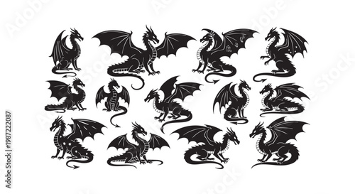 Set of black dragon silhouettes with detailed wings and bodies, mythical beasts in various dynamic poses for fantasy themes.