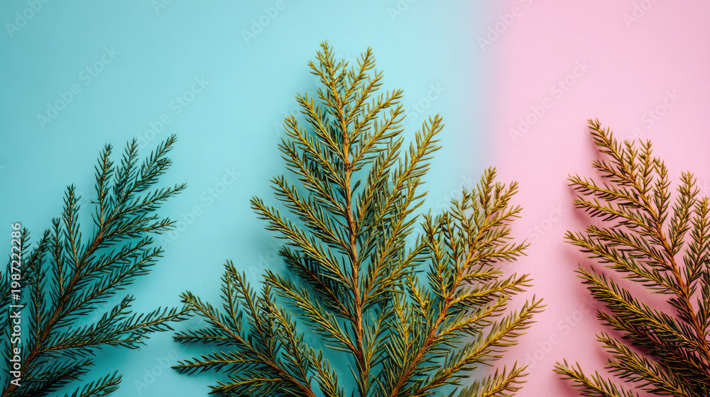 Naklejka premium Botanical Beauty Evergreen Branches on a SplitToned Background.