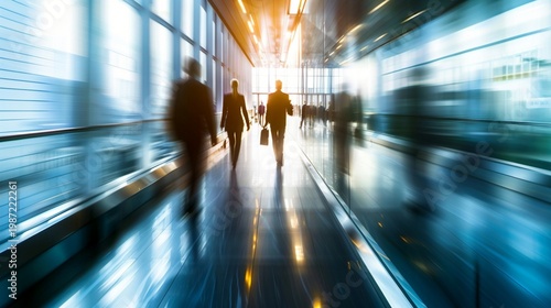 Blurred silhouettes of business professionals walking through a modern, light-filled corridor, conveying a sense of fast-paced corporate life and dynamic movement.