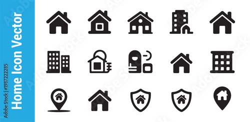 Black silhouette icon set for real estate business featuring houses apartment buildings and location pin for web.