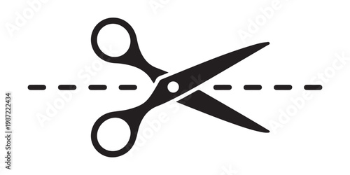 Single scissors cutting dashed line on transparent background, simple graphic symbol for cutting.