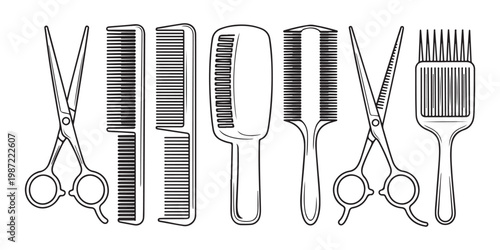 Professional hair salon tools set with various combs and scissors hand drawn style on transparent background.