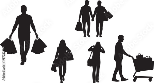 Black silhouettes of shoppers, carrying bags and cart, vector icons set