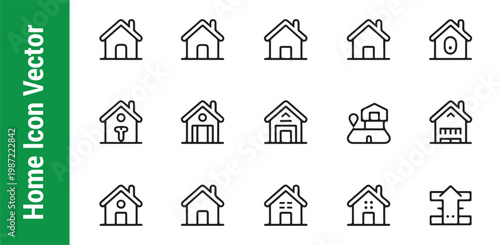 Residential home icon vector set featuring detailed line art illustrations for construction and real estate.