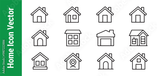 Linear house icon collection for architectural concepts and real estate agency website user interface design.