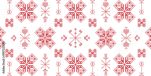 Red and white pixelated geometric folk pattern with floral and star motifs