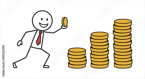 Stickman actively engaged in financial growth, contributing to towering stacks of coins