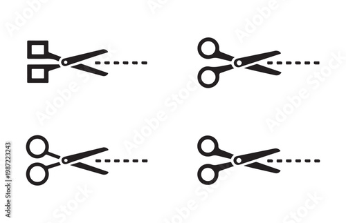 Set of four black scissor icons with dashed cutting lines on transparent background, for coupons.