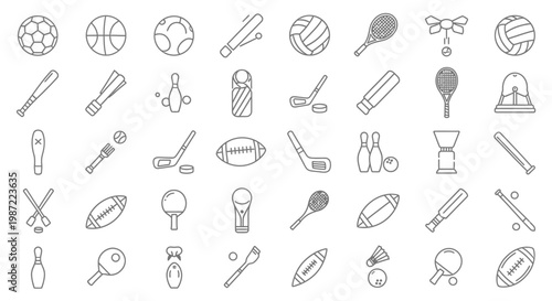 Various Sports Equipment Icons Line Style.