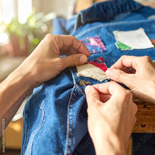 Close-up of hands sewing patches on denim fabric, tailoring and mending clothes, sustainable fashion, clothing repair, hobby, manual skill