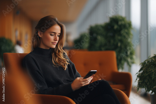 Professional young woman using smartphone in modern office lounge. Businesswoman checking mobile phone while sitting in a cozy armchair. Concept of digital nomad, workplace, and communication.